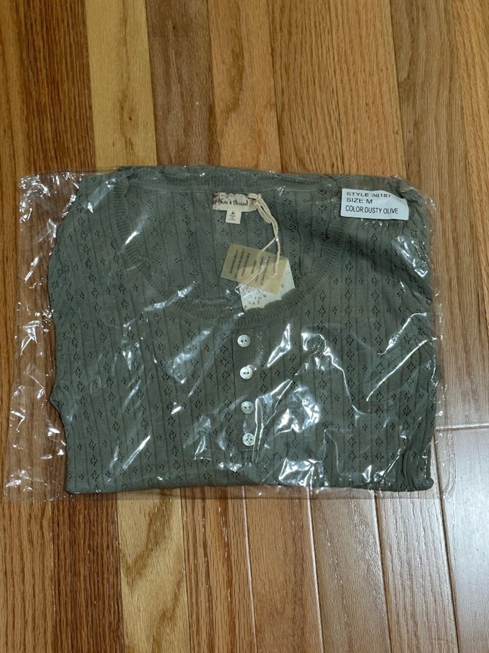 Fitted Sage Green Ribbed Open Knit Henley Top Medium - Picture 5 of 5
